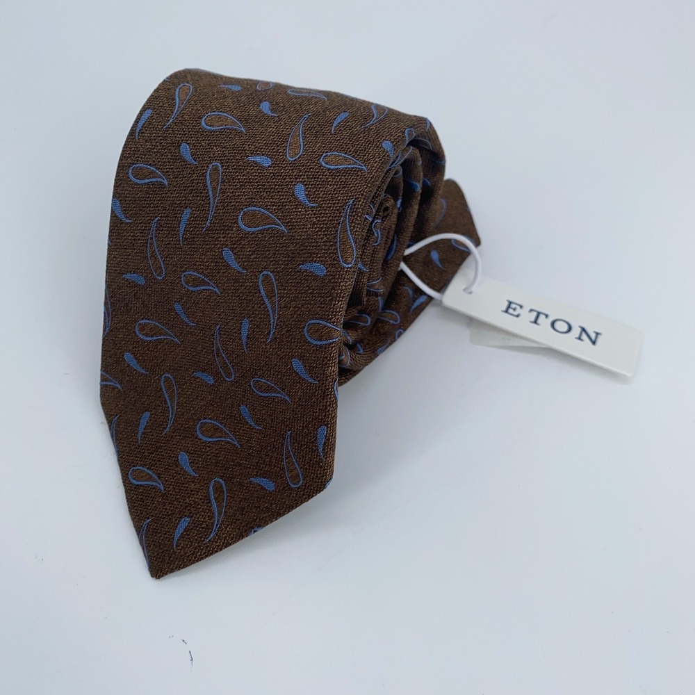 Eton Tie Men One Size Brown Blue Paisley Silk Classic Fit Necktie Italy Made NWT